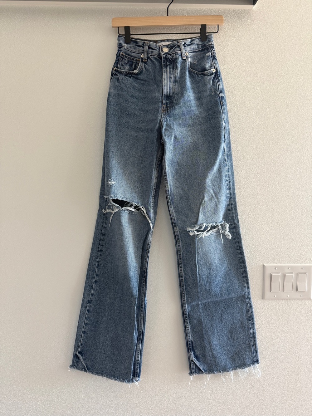 Zara Distressed High-Rise Wide-Leg Jeans - Blue